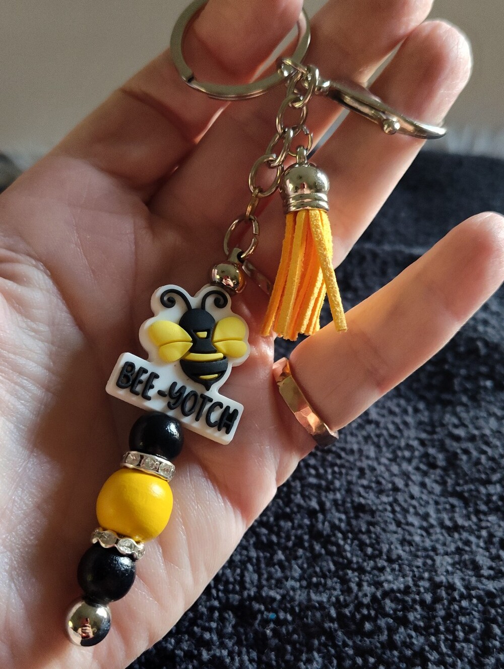 Bee-Yotch Keychain with Yellow and Black Beads & Bee Charm